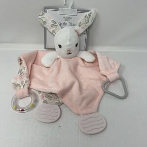 Modern Baby Security Blanket 12in Pink Bunny Rattle Teether Plush Lovey